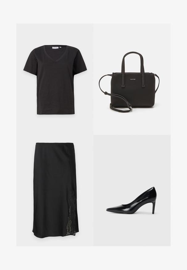 Musta puuvillainen T-paita, jossa on V-kaula-aukko ja lyhyet hihat. Yksinkertainen muotoilu, säännöllinen istuvuus ilman kuvioita tai koristeita.; Musta satiinihame, jossa on sileä pinta, yhdellä sivulla pitsiyksityiskohta ja suora helma. Valjaallinen vyötärö joustavaa istuvuutta varten.; Mustat nahkakengät korkealla korolla, terävä kärki, sileä pinta ja kapeneva korko. Minimalistinen muotoilu, ei ylimääräisiä koristeita.; Musta käsilaukku, jossa on kaksinkertaiset lyhyet kahvat ja irrotettava olkahihna. Silkkinen nahkatunneinen materiaali, jossa on vetoketjukiinnitys ja logoyksityiskohta.