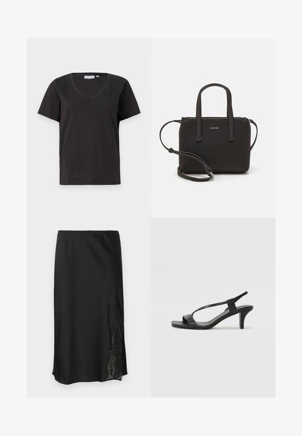 Čierne bavlnené tričko s výstrihom do V a krátkymi rukávmi. Jednoduchý dizajn s bežným strihom a bez vzorov alebo akcentov.; Čierna saténová sukňa s hladkou textúrou, zdobená čipkovým akcentom na jednej strane a rovnými okrajmi. Elastický pás pre flexibilné nosenie.; Čierne sandále na podpätku so štíhlym dizajnom popruhov, štvorcovou špičkou a stredne vysokým blokovým podpätkom. Vyrobené z hladkej kože s matným povrchom.; Čierna kabelka s dvojitými krátkymi rúčkami a odnímateľným ramenným popruhom. Hladký materiál podobný koži s uzatváraním na zips a detailom loga.