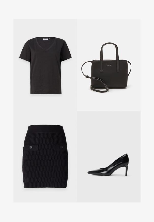 Camisa de algodón negra con cuello en V y mangas cortas. Diseño simple con un corte regular y sin patrones ni acentos.; Falda de punto negra con un patrón texturizado, que cuenta con dos bolsillos tipo solapa abotonados y una cintura ajustada. De longitud a mitad del muslo.; Zapato de tacón alto de cuero negro con punta afilada, textura suave y tacón en forma de cono. Diseño minimalista, sin adornos adicionales.; Bolso de mano negro con dos asas cortas y una correa de hombro removible. Material suave tipo cuero con cierre de cremallera y detalle del logo.