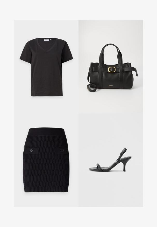 Zwarte katoenen T-shirt met een V-hals en korte mouwen. Eenvoudig ontwerp met een regular fit en zonder patronen of accenten.; Zwarte gebreide rok met een textuurpatroon, voorzien van twee knoopflapzakken en een aansluitende tailleband. Middellange lengte, tot halverwege de bovenbenen.; Zwarte leren sandalen met hoge hakken, een slanke, gebogen hak en een gekruist bandontwerp. Verstelbare enkelband. Soepele textuur.; Zwarte leren handtas met een gestructureerd ontwerp, dubbele handgrepen aan de bovenkant, een gouden gespaccent en een geperst merklogo aan de voorkant.