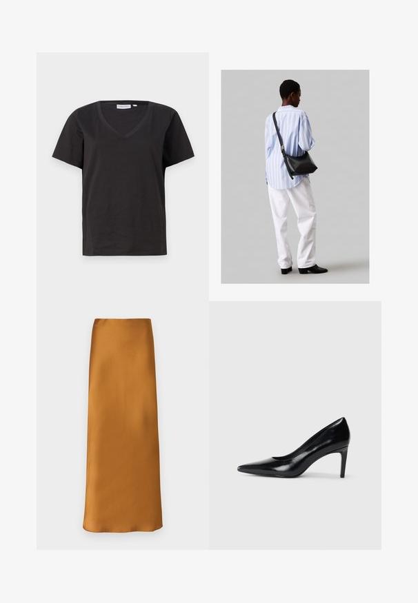 Fekete pamut póló V-nyakkal és rövid ujjakkal. Egyszerű dizájn, normál fazon, minta vagy díszítés nélkül.; Bruuns Bazaar ACACIA JOANELLE SKIRT - Maxi szoknya - rubber; Fekete bőr magassarkú cipő, hegyes orral, sima textúrával és kúpos sarkal. Minimalista dizájn, nincsenek további díszítések.; Fekete bőr válltáska puha tapintással, háromszög alakú, állítható pánttal, világoskék csíkos inggel és fehér nadrággal párosítva.
