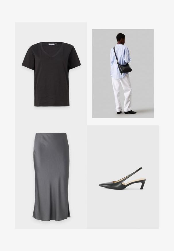 Fekete pamut póló V-nyakkal és rövid ujjakkal. Egyszerű dizájn, normál fazon, minta vagy díszítés nélkül.; Szürke selyem midi szoknya sima textúrával, egyenes sziluettel, diszkrét oldalszárral és rugalmas derékrésszel.; Fekete, hegyes orrú, slingback cipő alacsony sarkával, sima bőrből készült, oldalt kivágott deisgnal a légáteresztőképesség érdekében.; Fekete bőr válltáska puha tapintással, háromszög alakú, állítható pánttal, világoskék csíkos inggel és fehér nadrággal párosítva.