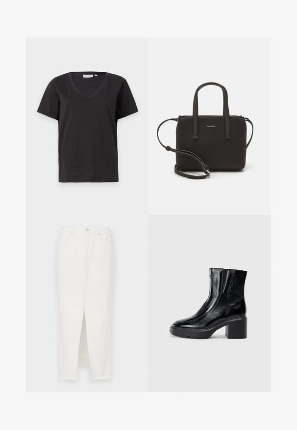 Camisa de algodón negra con cuello en V y mangas cortas. Diseño simple con un corte regular y sin patrones ni acentos.; Falda de mezclilla blanca con una abertura frontal, que presenta un cierre de botón y cremallera, cinco bolsillos y un dobladillo sin terminar en la parte inferior.; Botas de tobillo de charol negro con puntera curva, paneles laterales elásticos y un tacón ancho. Presentan un logo embosado en la parte posterior.; Bolso de mano negro con dos asas cortas y una correa de hombro removible. Material suave tipo cuero con cierre de cremallera y detalle del logo.