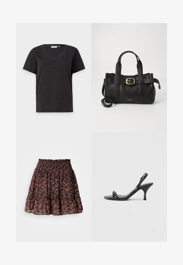 Black cotton T-shirt with a V-neck and short sleeves. Simple design with a regular fit and no patterns or accents.; Black floral skirt with a smocked waistband, featuring ruffled tiers and a delicate pink and brown pattern throughout. Lightweight fabric.; Black leather high-heeled sandals with a slim, curved heel and a crossed strap design. Adjustable ankle strap. Smooth texture.; Black leather handbag featuring a structured design, dual top handles, gold-tone buckle accent, and embossed brand logo at the front.