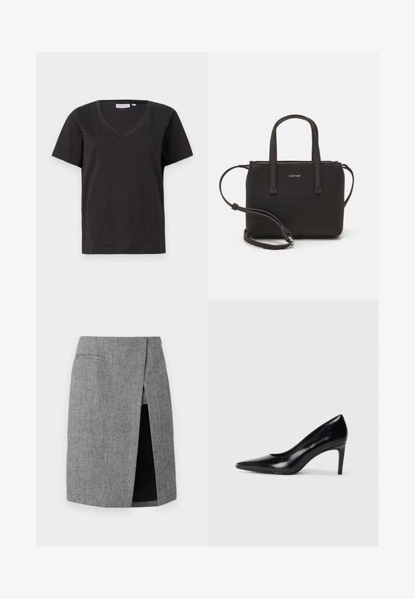 Svart bomull T-shirt med V-urringning och korta ärmar. Enkelt design med en vanlig passform och inga mönster eller accenter.; Grå hundtandsmönstrad kjol med en sidoklyvning, skräddarsydd passform och två insydda fickor. Tillverkad av textil med struktur för en välsittande look.; Svart läder högklackad sko med spetsig tå, slät yta och avsmalnande klack. Minimalistisk design, inga ytterligare utsmyckningar.; Svart handväska med dubbla korta handtag och ett avtagbart axelband. Slät läderliknande material med dragkedjestängning och logodetalj.