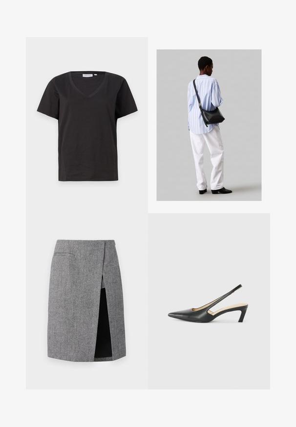 Schwarzes Baumwoll-T-Shirt mit V-Ausschnitt und kurzen Ärmeln. Einfaches Design mit normalem Schnitt und ohne Muster oder Akzente.; Grauer Hahnentrittmuster-Rock mit seitlichem Schlitz, taillierter Passform und zwei eingesetzten Taschen. Hergestellt aus strukturiertem Stoff für einen definierten Look.; Schwarzer spitz zulaufender Slingback-Schuh mit niedrigem Absatz, der aus glattem Leder gefertigt ist und seitliche Ausschnitte für Atmungsaktivität aufweist.; Schwarze Leder-Umhängetasche mit weicher Textur, dreieckiger Form und verstellbarem Tragegurt, kombiniert mit einem hellblauen gestreiften Hemd und weißen Hosen.