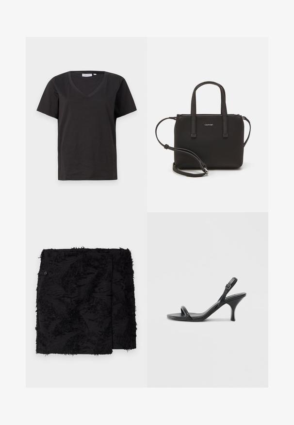Must musta T-särk V-kaelusega ja lühikeste varrukatega. Lihtne disain, regulaarne istuvus, ilma mustrite ja aktsentideta.; Mustmustük, millel on tekstureeritud kangas ja narmastega detailid. Neljakandiline kuju, põlve kohal pikkus ning külgmine nupudetail.; Mustad nahast kõrgete kontsadega sandaalid, millel on saledad, kõverad kontsad ja ristatud rihma disain. Reguleeritav pahkluu rihm. Sile tekstuur.; Musthave mustrans vöö ja eemaldatav õlarihm. Gludike nahk siledaga, millel on tõmblukk ja logo detail.