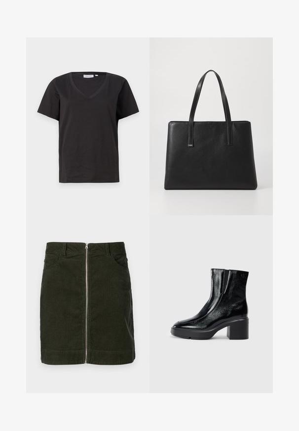 Černé bavlněné tričko s výstřihem do V a krátkým rukávem. Jednoduchý design s klasickým střihem bez vzorů nebo akcentů.; Tmavě zelená kordová sukně s předním zipem, dvěma bočními kapsami a přiléhavým střihem s jemným vertikálním žebrováním.; Černé lakované kotníkové boty s zakřivenou špičkou, elastickými bočními panely a robustním blokovým podpatkem. Na zadní straně se nachází embosované logo.; Černá kožená taška přes rameno s dvěma dlouhými držadly, obdélníkový tvar, texturovaný povrch a minimalistický design. Žádné viditelné kovové prvky či akcenty.