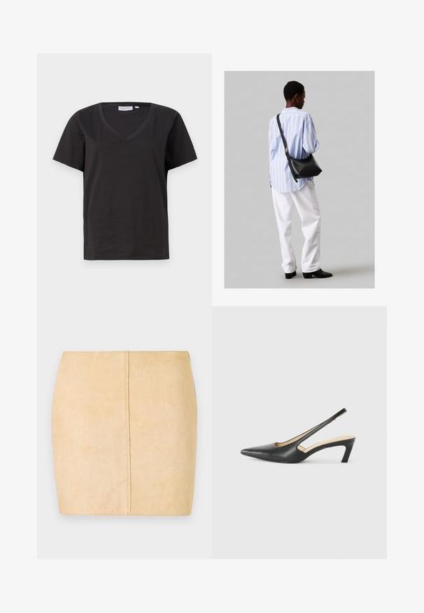 Čierne bavlnené tričko s výstrihom do V a krátkymi rukávmi. Jednoduchý dizajn s bežným strihom a bez vzorov alebo akcentov.; Béžová semišová mini sukňa s hladkou textúrou, priliehavým strihom a stredovým švom. Žiadne viditeľné kovové súčasti ani ozdoby.; Čierne slingback topánky s ostrou špičkou a nízkym opätkom, vyrobené z hladkej kože a s výrezmi na boku pre lepšiu priedušnosť.; Čierna kožená ramenná taška so mäkkou textúrou, trojuholníkovým tvarom a nastaviteľným popruhom, skombinovaná s svetlomodrou pruhovanou košeľou a bielymi nohavicami.