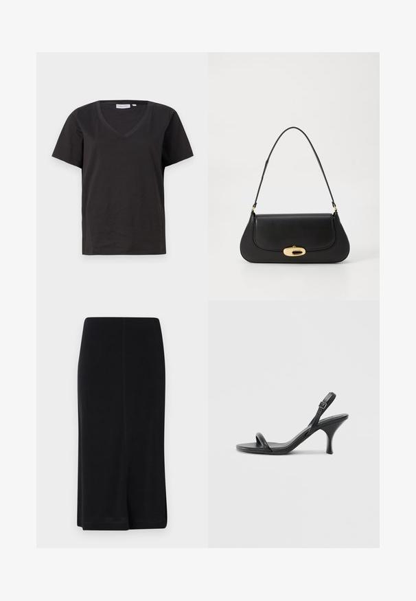 Black cotton T-shirt with a V-neck and short sleeves. Simple design with a regular fit and no patterns or accents.; Black knee-length skirt made of smooth fabric, featuring a straight silhouette, simple design, and side slits for ease of movement.; Black leather high-heeled sandals with a slim, curved heel and a crossed strap design. Adjustable ankle strap. Smooth texture.; Black leather handbag with a curved design, gold-tone hardware, and a top handle. Features a sleek closure and smooth texture.