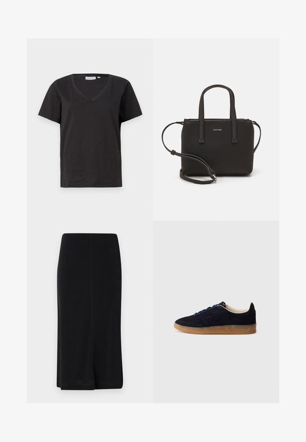 Čierne bavlnené tričko s výstrihom do V a krátkymi rukávmi. Jednoduchý dizajn s bežným strihom a bez vzorov alebo akcentov.; Čierna sukňa po kolená vyrobená z hladkej tkaniny, s rovnou siluetou, jednoduchým dizajnom a bočnými rozparkami pre pohodlný pohyb.; Tmavozelená semišová teniska s podrážkou z gumy, modrými šnúrkami a minimalistickým dizajnom. Na boku je vyrazené logo a vnútorná výstelka je hladká.; Čierna kabelka s dvojitými krátkymi rúčkami a odnímateľným ramenným popruhom. Hladký materiál podobný koži s uzatváraním na zips a detailom loga.