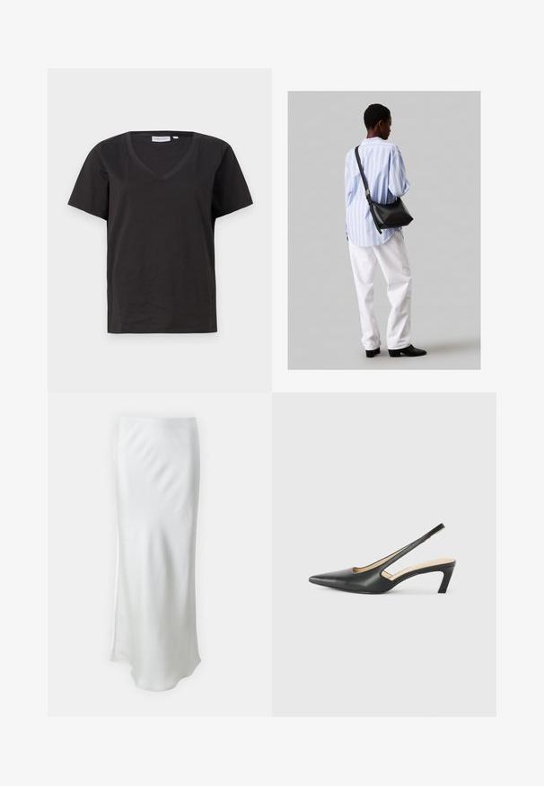 Tricou negru din bumbac cu decolteu în V și mâneci scurte. Design simplu, cu o croială normală și fără modele sau accente.; Samsøe Samsøe AGNETA SKIRT - Fustă în formă de A - solitary star; Pantof cu toc mic, cu vârf ascuțit și slingback, realizat din piele netedă, având un design decupat pe lateral pentru respirabilitate.; Geantă de umăr din piele neagră cu o textură moale, formă triunghiulară și curea ajustabilă, asortată cu o bluză cu dungi albastre deschise și pantaloni albi.