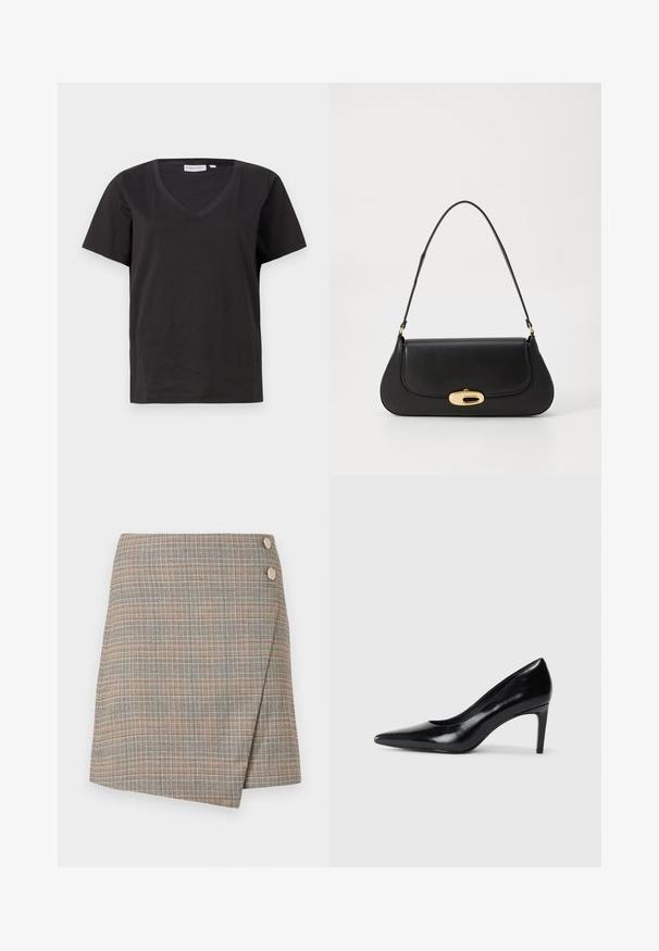 Czarna bawełniana koszulka z dekoltem w serek i krótkimi rękawami. Prosty design o regularnym kroju bez wzorów ani dodatków.; Szara spódnica w kratę z pomarańczowymi, brązowymi i kremowymi liniami. Posiada dwa duże guziki na talii oraz czyste wykończenie.; Czarna skórzana szpilka z ostrym noskiem, gładką fakturą i zwężającym się obcasem. Minimalistyczny design, bez dodatkowych zdobień.; Czarna skórzana torebka o zaokrąglonym kształcie, z metalowymi elementami w kolorze złotym i górnym uchwytem. Posiada eleganckie zapięcie i gładką fakturę.