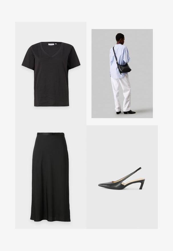 Tricou negru din bumbac cu decolteu în V și mâneci scurte. Design simplu, cu o croială normală și fără modele sau accente.; Fustă midi neagră fabricată dintr-un material neted, cu o siluetă dreaptă, slituri laterale și un detaliu subtil la talie.; Pantof cu toc mic, cu vârf ascuțit și slingback, realizat din piele netedă, având un design decupat pe lateral pentru respirabilitate.; Geantă de umăr din piele neagră cu o textură moale, formă triunghiulară și curea ajustabilă, asortată cu o bluză cu dungi albastre deschise și pantaloni albi.