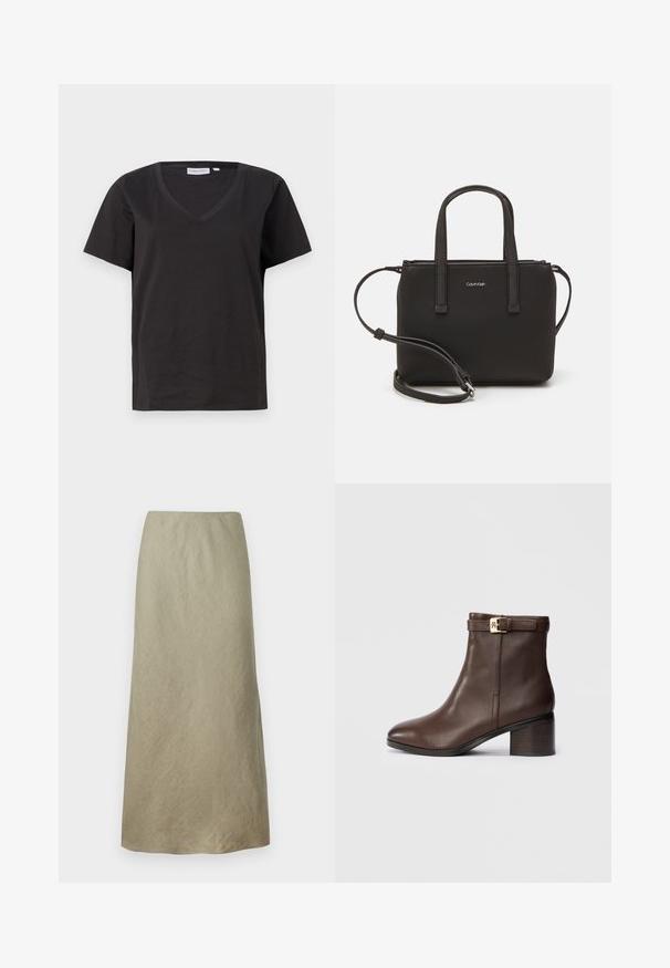 Black cotton T-shirt with a V-neck and short sleeves. Simple design with a regular fit and no patterns or accents.; Knee-length, A-line skirt in soft, olive green fabric with a subtle texture and no visible fastenings or embellishments.; Brown leather ankle boot with a rounded toe, low block heel, and a decorative buckle strap at the ankle. Smooth texture and sleek design.; Black handbag with dual short handles and a removable shoulder strap. Smooth leather-like material with a zip closure and logo detail.