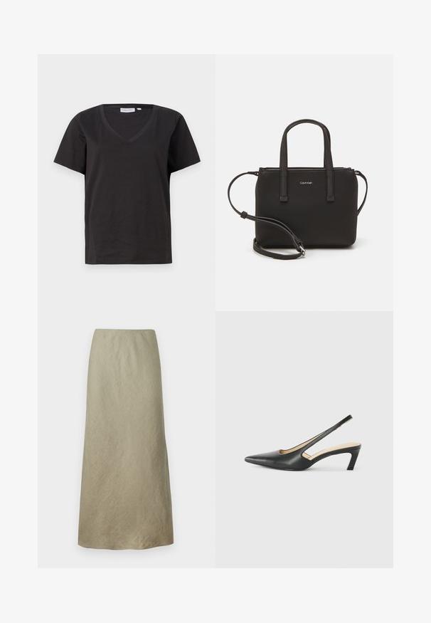 Must musta T-särk V-kaelusega ja lühikeste varrukatega. Lihtne disain, regulaarne istuvus, ilma mustrite ja aktsentideta.; Knee-pikkune, A-line seelik pehmest oliivrohelisest kangast, millel on peen struktuur ja ei ole nähtavaid kinnitusi ega kaunistusi.; Must mustaga, terav varvas, madala kontsaga sildiga king, mis on valmistatud siledast nahast ja mille küljel on lõike disain hingavuse tagamiseks.; Musthave mustrans vöö ja eemaldatav õlarihm. Gludike nahk siledaga, millel on tõmblukk ja logo detail.