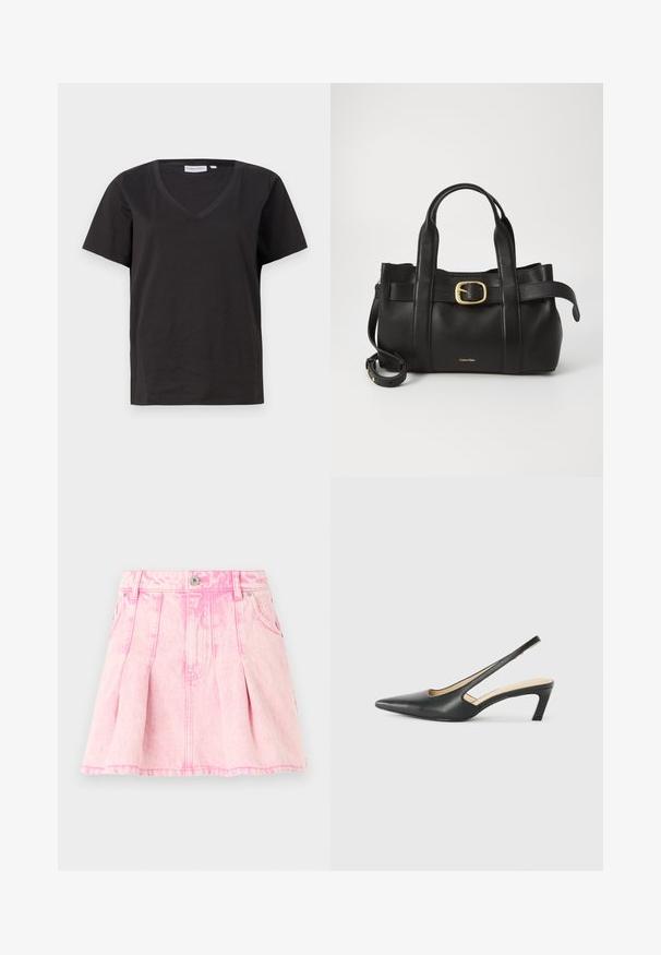 Čierne bavlnené tričko s výstrihom do V a krátkymi rukávmi. Jednoduchý dizajn s bežným strihom a bez vzorov alebo akcentov.; Ružová deninová sukňa s skladmi, zapínaním na gombík a zips, piatimi vreckami a dekoračným šitím. Poškodená textúra vo svetlej farbe.; Čierne slingback topánky s ostrou špičkou a nízkym opätkom, vyrobené z hladkej kože a s výrezmi na boku pre lepšiu priedušnosť.; Čierna kožená kabelka s štruktúrovaným dizajnom, dvojitými hornými uchopiteľmi, zlatým prackovým akcentom a embosovaným logom značky na prednej strane.