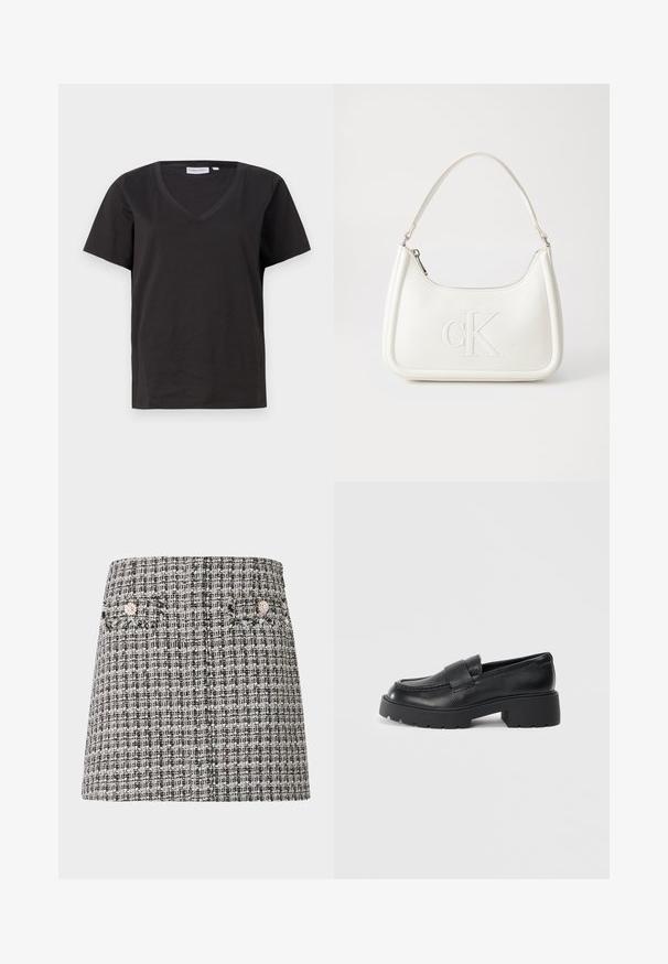 T-shirt in cotone nero con scollo a V e maniche corte. Design semplice con vestibilità regolare, senza motivi o dettagli.; Mini gonna in tweed bianco e nero con un motivo testurizzato. Presenta due piccole tasche con decorazioni embellitorie.; Mocassini in pelle nera con finitura testurizzata, caratterizzati da una fascia rettangolare sulla parte anteriore e un design di suola spessa e scanalata.; Borsa a tracolla in pelle bianca con forma curva, dotata di un logo "CK" impresso sul davanti e una singola tracolla. Chiusura a zip nella parte superiore.