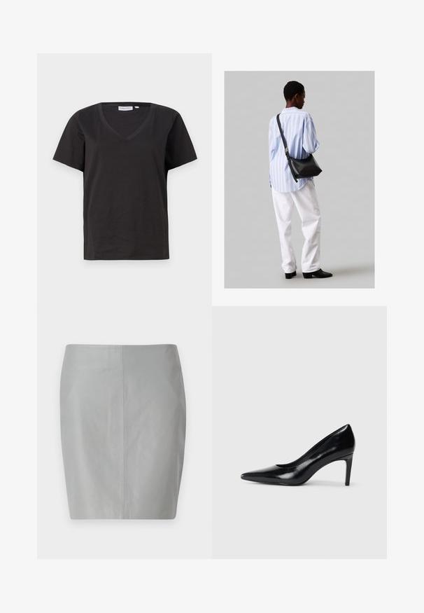 Juodas medvilninis marškinėlis su V formos iškirpte ir trumpomis rankovėmis. Paprastas dizainas, reguliaraus kirpimo, be raštų ar akcentų.; Pilkos odos pieštuko sijonas su lygiu paviršiumi, turintis paprastą dizainą ir vertikalią siūlę, einančią per vidurį gale.; Juodas odinis aukštakulnis batelis su smailiu pirštu, lygiu paviršiumi ir siauru kulnu. Minimalistinis dizainas, jokių papildomų puošmenų.; Juodas odinis petinis krepšys su minkšta tekstūra, trikampiu pavidalu ir reguliuojama juosta, derinamas su šviesiai mėlynu dryžuotu marškinėliu ir baltais džinsais.