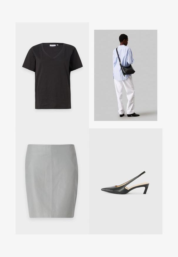 Melnas kokvilnas T-krekls ar V veida kakla izgriezumu un īsām piedurknēm. Vienkāršs dizains ar regulāru piegriezumu un bez rakstiem vai akcentiem.; Pelēka ādas zīmuļu svārki ar gludu tekstūru, kam ir vienkāršs dizains un centrāla šuve, kas vertikāli gaida uz aizmuguri.; Melna, ar smailu purngalu, slingback kurpe ar zemu papēdi, izgatavota no gludas ādas materiāla un ar izgriezumiem sānos gaisa caurlaidībai.; Melna ādas plecu soma ar mīkstu tekstūru, trīsstūra formu un regulējamu siksnu, apvienota ar gaiši zilu svītrotu krekli un baltām biksēm.