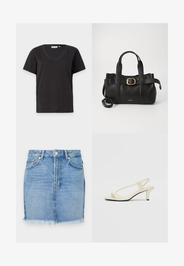 Black cotton T-shirt with a V-neck and short sleeves. Simple design with a regular fit and no patterns or accents.; Blue denim skirt featuring a fitted design, raw hemline, and classic front pockets. Smooth texture with slight fading for a casual look.; Beige block-heeled sandals with thin straps and a square toe. Smooth material with minimal detailing, designed for easy wear.; Black leather handbag featuring a structured design, dual top handles, gold-tone buckle accent, and embossed brand logo at the front.