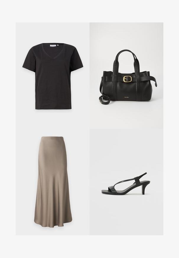 Čierne bavlnené tričko s výstrihom do V a krátkymi rukávmi. Jednoduchý dizajn s bežným strihom a bez vzorov alebo akcentov.; Dlhá hnedá saténová sukňa s hladkou textúrou, s voľným siluetom a mierne rozšíreným spodným okrajom. Bez viditeľných kovových prvkov alebo vzorov.; Čierne sandále na podpätku so štíhlym dizajnom popruhov, štvorcovou špičkou a stredne vysokým blokovým podpätkom. Vyrobené z hladkej kože s matným povrchom.; Čierna kožená kabelka s štruktúrovaným dizajnom, dvojitými hornými uchopiteľmi, zlatým prackovým akcentom a embosovaným logom značky na prednej strane.