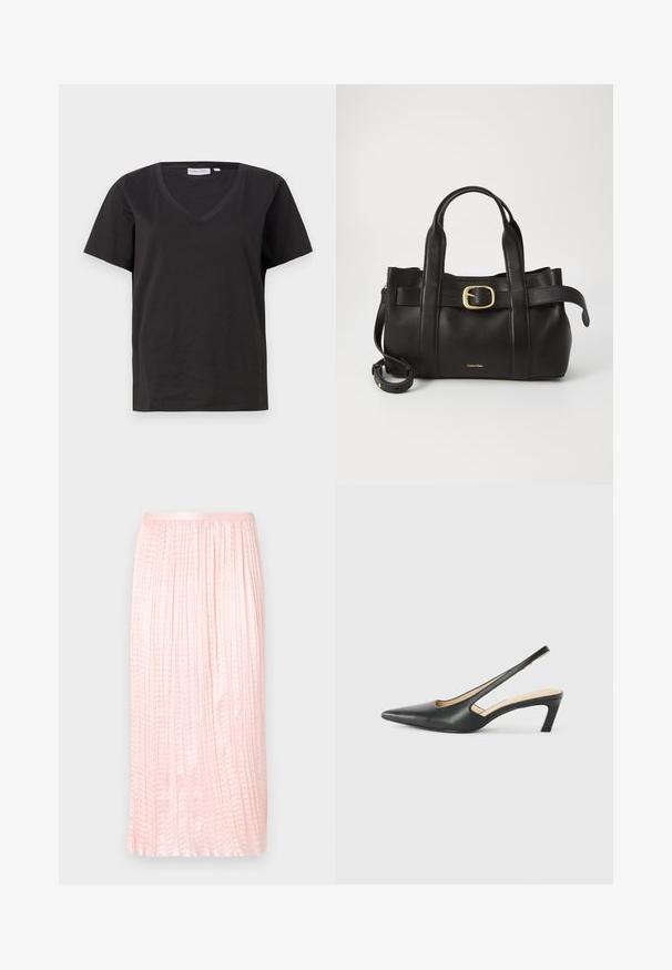 Camisa de algodón negra con cuello en V y mangas cortas. Diseño simple con un corte regular y sin patrones ni acentos.; Falda midi plisada en rosa suave, con una textura suave y una cintura elástica. Diseñada con pliegues verticales que le dan un aspecto fluido.; Zapato negro de punta afilada tipo slingback con un tacón bajo, que presenta un material de cuero suave y un diseño recortado en el lateral para mayor transpirabilidad.; Bolso de cuero negro con un diseño estructurado, doble mango superior, detalle de hebilla en tono dorado y logo de la marca grabado en la parte frontal.