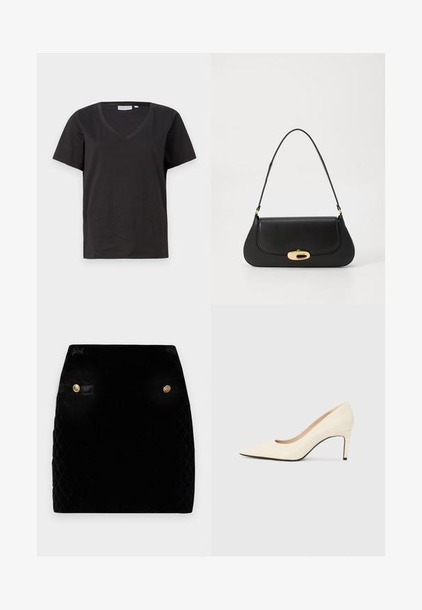 T-shirt in cotone nero con scollo a V e maniche corte. Design semplice con vestibilità regolare, senza motivi o dettagli.; Gonna mini in velluto a coste nera con accenti di bottoni dorati in vita. Texture liscia con un design strutturato per un look aderente.; Décolleté bianco in pelle con punta affusolata, texture liscia e suola nera. Design classico con un'altezza del tacco moderata.; Borsa a tracolla in pelle nera con design curvo, hardware color oro e manico superiore. Caratterizzata da una chiusura elegante e una superficie liscia.