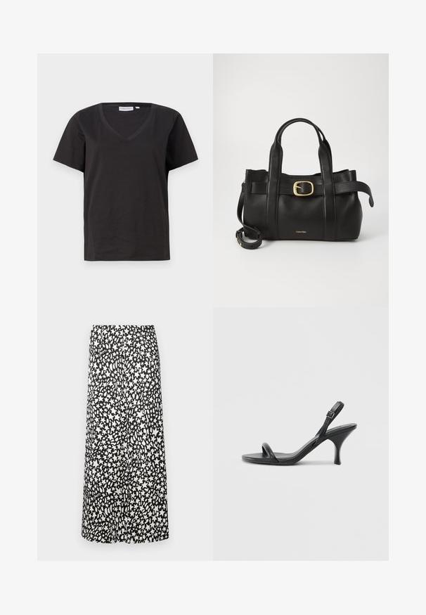 Zwarte katoenen T-shirt met een V-hals en korte mouwen. Eenvoudig ontwerp met een regular fit en zonder patronen of accenten.; Zwart-witte midi-rok met een abstract sterrenpatroon, met een gladde textuur en een elastische tailleband voor een comfortabele pasvorm.; Zwarte leren sandalen met hoge hakken, een slanke, gebogen hak en een gekruist bandontwerp. Verstelbare enkelband. Soepele textuur.; Zwarte leren handtas met een gestructureerd ontwerp, dubbele handgrepen aan de bovenkant, een gouden gespaccent en een geperst merklogo aan de voorkant.