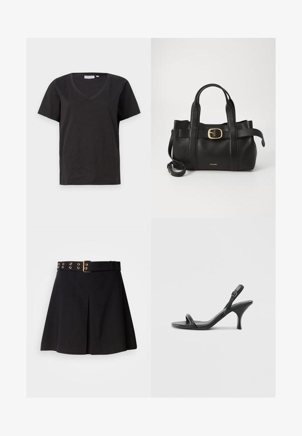 Juodas medvilninis marškinėlis su V formos iškirpte ir trumpomis rankovėmis. Paprastas dizainas, reguliaraus kirpimo, be raštų ar akcentų.; Juoda pločio klostuota sijonas su plačiu diržu, turinčiu auksinius metalinius elementus ir akies detales, pagamintas iš glotnaus audinio, sukurtas pritaikytai formai.; Juodos odinės aukštakulnės šlepetės su plonu, kreiviu kulnu ir kryžminiu dirželio dizainu. Reguliuojamas kulkšnies dirželis. Lygus paviršius.; Juodas odinis rankinės maišas su struktūrizuotu dizainu, dviem viršutinėmis rankenomis, auksinės spalvos sagtimi ir iškilniu prekės ženklu priekyje.