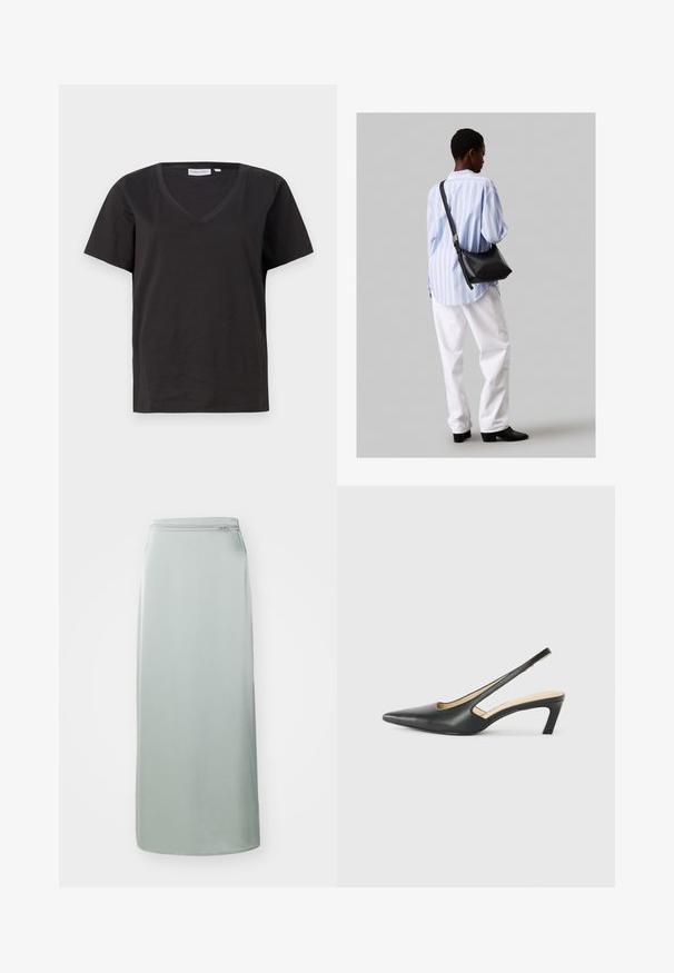 Schwarzes Baumwoll-T-Shirt mit V-Ausschnitt und kurzen Ärmeln. Einfaches Design mit normalem Schnitt und ohne Muster oder Akzente.; Langer, hellgrüner Rock aus glattem Stoff. Verfügt über einen geraden Schnitt mit einem verdeckten Reißverschluss an der Hüfte. Minimalistisches Design, keine Muster oder Akzente.; Schwarzer spitz zulaufender Slingback-Schuh mit niedrigem Absatz, der aus glattem Leder gefertigt ist und seitliche Ausschnitte für Atmungsaktivität aufweist.; Schwarze Leder-Umhängetasche mit weicher Textur, dreieckiger Form und verstellbarem Tragegurt, kombiniert mit einem hellblauen gestreiften Hemd und weißen Hosen.