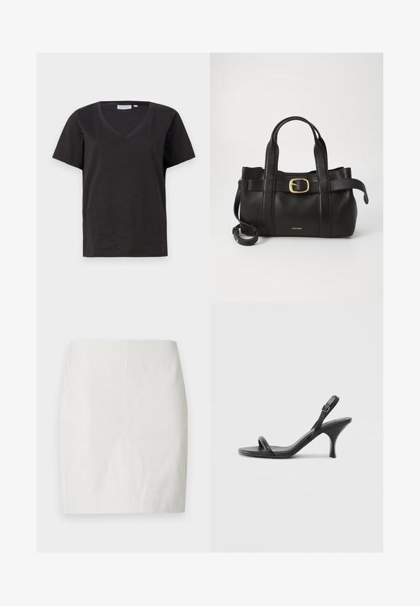 Zwarte katoenen T-shirt met een V-hals en korte mouwen. Eenvoudig ontwerp met een regular fit en zonder patronen of accenten.; Witte leren minirok met een getailleerde pasvorm, een gladde textuur en een strak ontwerp met minimale stiksels en geen zichtbare hardware.; Zwarte leren sandalen met hoge hakken, een slanke, gebogen hak en een gekruist bandontwerp. Verstelbare enkelband. Soepele textuur.; Zwarte leren handtas met een gestructureerd ontwerp, dubbele handgrepen aan de bovenkant, een gouden gespaccent en een geperst merklogo aan de voorkant.
