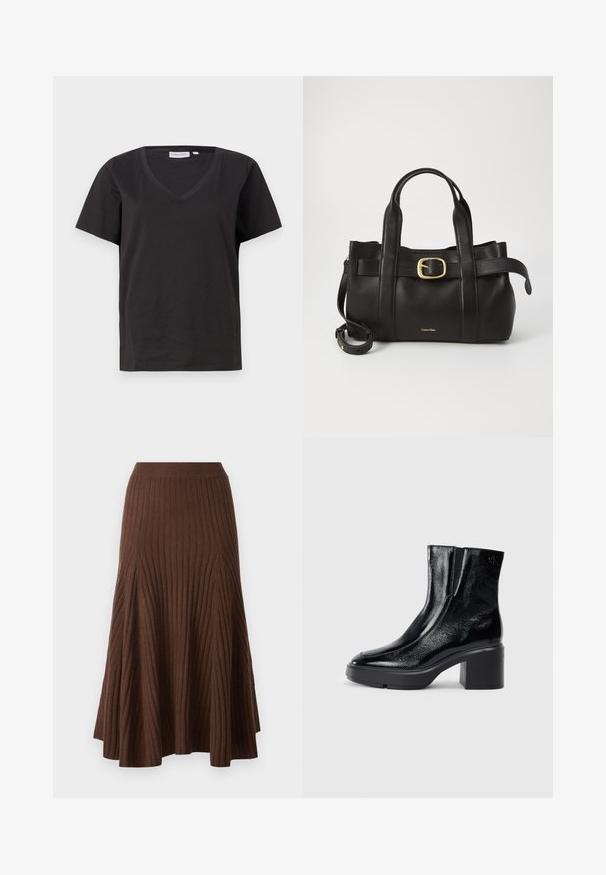 Musta puuvillainen T-paita, jossa on V-kaula-aukko ja lyhyet hihat. Yksinkertainen muotoilu, säännöllinen istuvuus ilman kuvioita tai koristeita.; pure cashmere FLARED SKIRT - A-linjainen hame - dry lotus; Musta patentoitu nahkasaappaat nilkkoihin, joissa on kaareva kärki, joustavat sivupaneelit ja paksu lohkoilut. Takana on kohokuvioitu logo.; Musta nahkakäsilaukku, jossa on struktuurinen muotoilu, kaksoiskahvat, kultasävyinen solkiaksentti ja kohokuvioitu brändilogo edessä.
