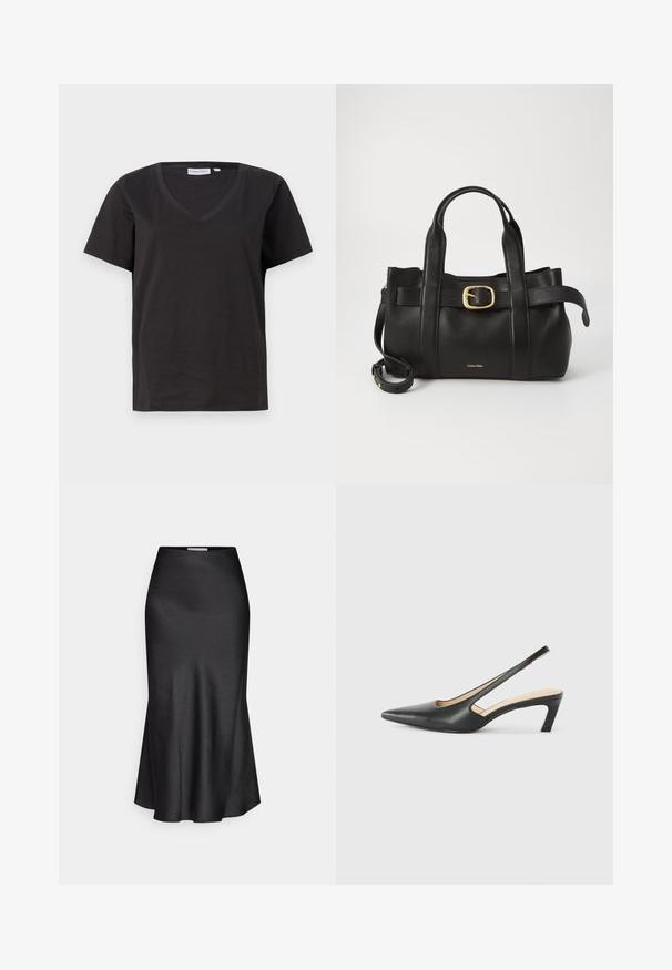 Tricou negru din bumbac cu decolteu în V și mâneci scurte. Design simplu, cu o croială normală și fără modele sau accente.; DRYKORN NEVIDA - Fustă maxi - black; Pantof cu toc mic, cu vârf ascuțit și slingback, realizat din piele netedă, având un design decupat pe lateral pentru respirabilitate.; Geantă de mână din piele neagră, cu un design structurat, mânere superioare duale, accent cu cataramă aurie și logo-ul brandului embosat în față.