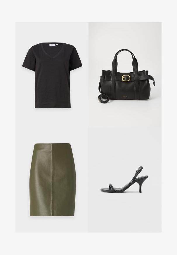 Svart bomull T-skjorte med V-hals og korte ermer. Enkel design med vanlig passform og uten mønstre eller detaljer.; Olivenfarget skinnminiskjørt med en jevn tekstur, med et enkelt design og en sentral søm som går nedover baksiden.; Sorte skinnhøye hæler med en slank, buet hæl og et kryssrem-design. Justerbar ankelrem. Glatt tekstur.; Svart lærveske med en strukturert design, doble topphåndtak, gullfarget spenneakent og preget merke-logo foran.