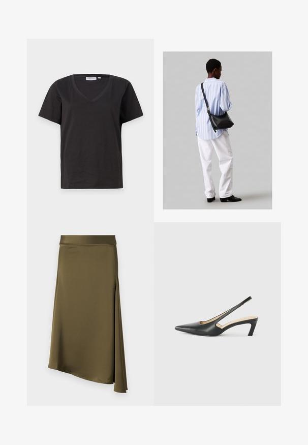 Fekete pamut póló V-nyakkal és rövid ujjakkal. Egyszerű dizájn, normál fazon, minta vagy díszítés nélkül.; Olívazöld szoknya sima, könnyű anyagból; aszimmetrikus szegéllyel és oldalsó részel a mozgás és a stílus érdekében.; Fekete, hegyes orrú, slingback cipő alacsony sarkával, sima bőrből készült, oldalt kivágott deisgnal a légáteresztőképesség érdekében.; Fekete bőr válltáska puha tapintással, háromszög alakú, állítható pánttal, világoskék csíkos inggel és fehér nadrággal párosítva.