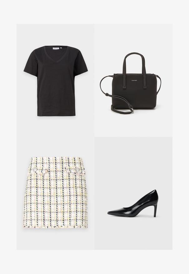 Black cotton T-shirt with a V-neck and short sleeves. Simple design with a regular fit and no patterns or accents.; Tweed mini skirt featuring a multicolor check pattern, frayed hem, and two metallic button accents on the front.; Black leather high heel shoe with a pointed toe, smooth texture, and a tapered heel. Minimalist design, no additional embellishments.; Black handbag with dual short handles and a removable shoulder strap. Smooth leather-like material with a zip closure and logo detail.