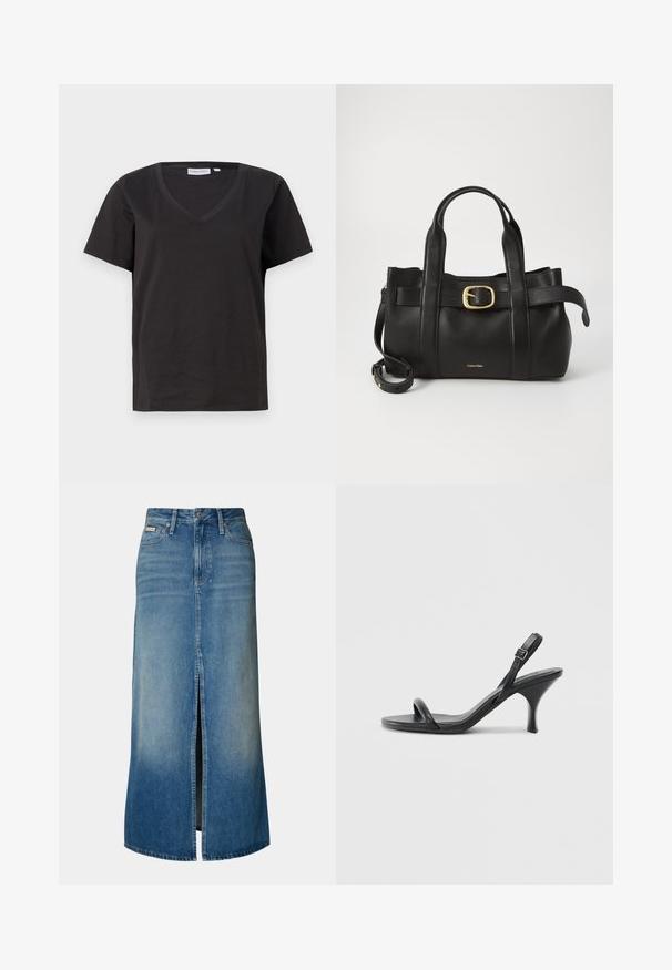 Schwarzes Baumwoll-T-Shirt mit V-Ausschnitt und kurzen Ärmeln. Einfaches Design mit normalem Schnitt und ohne Muster oder Akzente.; Maxi-Jeansrock in Hellblau mit einem frontalen Schlitz, Gürtelschlaufen, traditionellem Fünf-Taschen-Design und einer ausgewaschenen Optik.; Schwarze Leder-Sandalen mit hohen Absätzen, schlankem, gebogenem Absatz und gekreuztem Riemendesign. Verstellbarer Knöchelriemen. Glatte Textur.; Schwarze Lederhandtasche mit strukturiertem Design, doppelten oberen Griffen, goldfarbenem Schnallenakzent und geprägtem Markenlogo auf der Vorderseite.