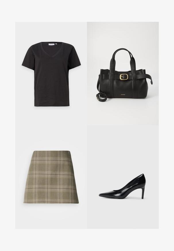 Tricou negru din bumbac cu decolteu în V și mâneci scurte. Design simplu, cu o croială normală și fără modele sau accente.; Fustă mini în carouri, de culoare verde măslin și bej, cu un design drept, o textură subtilă și un mic detaliu cu logo aproape de talie.; Pantof de damă din piele neagră, cu toc înalt, vârf ascuțit, textură fină și toc conic. Design minimalist, fără embellishments suplimentare.; Geantă de mână din piele neagră, cu un design structurat, mânere superioare duale, accent cu cataramă aurie și logo-ul brandului embosat în față.