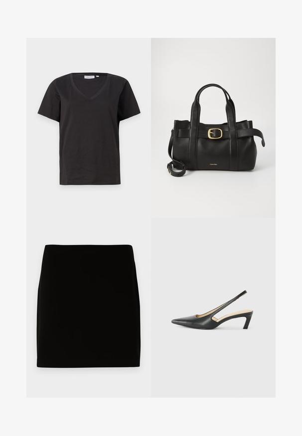 Crni pamučni T-shirt s V-izrezom i kratkim rukavima. Jednostavan dizajn s regularnom krojem i bez uzoraka ili akcenta.; Crna mini suknja od glatkog materijala, s jednostavnim dizajnom bez vidljivih šavova ili ukrasa. Čiste linije i ravni kroj.; Crne cipele s izduženim vrhom i remenom oko pete, s niskom petom, izrađene od glatke kože i s izrezbarenom stranom radi prozračnosti.; Crna kožna torba s strukturiranim dizajnom, dvostrukim gornjim ručkama, zlatnim kopčom kao naglaskom i utisnutim logotipom marke sprijeda.