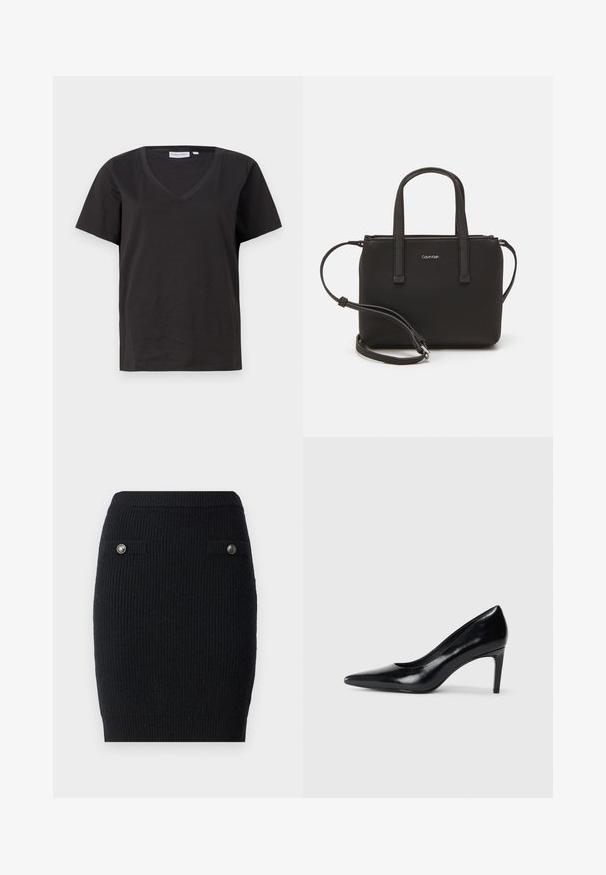 Čierne bavlnené tričko s výstrihom do V a krátkymi rukávmi. Jednoduchý dizajn s bežným strihom a bez vzorov alebo akcentov.; Čierna pletená sukňa so priliehavým strihom, ktorá má dva predné vrecká a kovové gombíky na vreckových klapkách. Textúrovaná tkanina.; Čierna kožená vysoká topánka s ihlovým podpätkom a špičatou špicou, hladkou textúrou a zúženým podpätkom. Minimalistický dizajn, bez ďalších ozdôb.; Čierna kabelka s dvojitými krátkymi rúčkami a odnímateľným ramenným popruhom. Hladký materiál podobný koži s uzatváraním na zips a detailom loga.