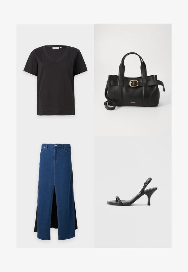 Črna bombažna majica s kratkimi rokavi in V-izrezom. Preprost dizajn z običajnim krojem in brez vzorcev ali dodatkov.; Denimska krila z modrim sprednjim delom s razporkom, črnim materialom na hrbtni strani ter standardnim pasom z kovinsko gumbom in šivi.; Črne usnjene visoke sandale s tankim, ukrivljenim petam in obliko križanih trakov. Nastavljiv trak okoli gležnja. Gladka tekstura.; Črna usnjena torba s strukturirano zasnovo, dvojni zgornji ročaji, zlato-tonirni zaponka kot dodatek in vtisnjeni logotip blagovne znamke spredaj.