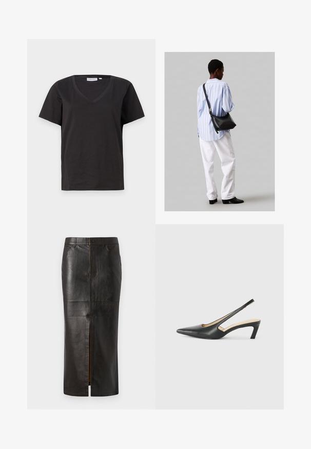 Čierne bavlnené tričko s výstrihom do V a krátkymi rukávmi. Jednoduchý dizajn s bežným strihom a bez vzorov alebo akcentov.; Čierna kožená midi sukňa s elegantným dizajnom, s predným zipsom, dvoma bočnými vreckami a hladkým, textúrovaným povrchom.; Čierne slingback topánky s ostrou špičkou a nízkym opätkom, vyrobené z hladkej kože a s výrezmi na boku pre lepšiu priedušnosť.; Čierna kožená ramenná taška so mäkkou textúrou, trojuholníkovým tvarom a nastaviteľným popruhom, skombinovaná s svetlomodrou pruhovanou košeľou a bielymi nohavicami.