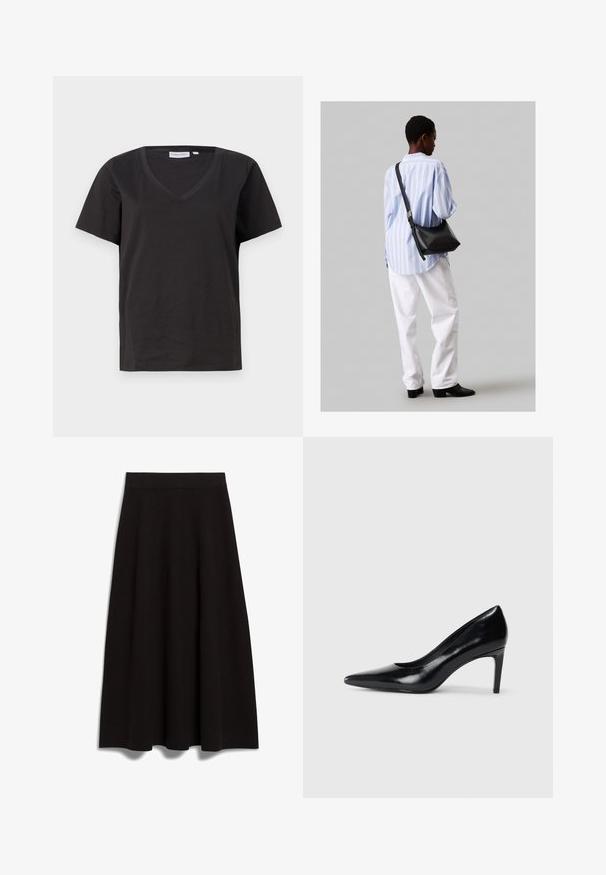 Juodas medvilninis marškinėlis su V formos iškirpte ir trumpomis rankovėmis. Paprastas dizainas, reguliaraus kirpimo, be raštų ar akcentų.; Juodas iki kelių ilgio sijonas, pagamintas iš lygaus audinio, su prigludusia juosmens dalimi ir platėjančia A formos siluetu, pasižymintis tvarkingu dizainu ir be matomų dekoracijų.; Juodas odinis aukštakulnis batelis su smailiu pirštu, lygiu paviršiumi ir siauru kulnu. Minimalistinis dizainas, jokių papildomų puošmenų.; Juodas odinis petinis krepšys su minkšta tekstūra, trikampiu pavidalu ir reguliuojama juosta, derinamas su šviesiai mėlynu dryžuotu marškinėliu ir baltais džinsais.