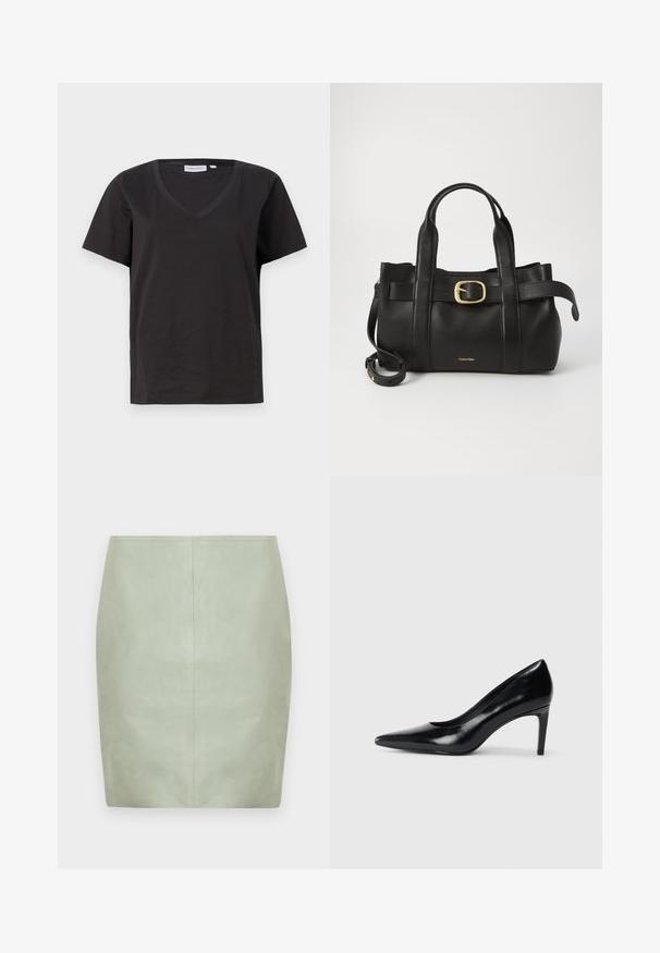 T-shirt en coton noir avec un col en V et des manches courtes. Design simple avec une coupe régulière et sans motifs ni accents.; Mini jupe en cuir vert menthe à coupe slim, avec un design épuré et une couture centrale au dos. Texture lisse, sans accessoires visibles.; Chaussure à talon haut en cuir noir avec un bout pointu, texture lisse et un talon effilé. Design minimaliste, sans embellissements supplémentaires.; Sac à main en cuir noir présentant un design structuré, deux poignées supérieures, un accent de boucle en ton doré et un logo de la marque en relief à l'avant.