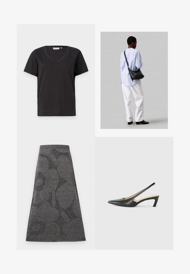 Juodas medvilninis marškinėlis su V formos iškirpte ir trumpomis rankovėmis. Paprastas dizainas, reguliaraus kirpimo, be raštų ar akcentų.; Pilkos, iki kelių siekiančios sijonas su tekstūruotu, blizgučiais dengtu paviršiumi. Atrodo subtilus tamsus raštas. A formos dizainas su prigludusia liemene.; Juodas smailus slingback batelis su žemu kulnu, pagamintas iš lygaus odos paviršiaus ir su išpjovomis šone, užtikrinančiomis oro pralaidumą.; Juodas odinis petinis krepšys su minkšta tekstūra, trikampiu pavidalu ir reguliuojama juosta, derinamas su šviesiai mėlynu dryžuotu marškinėliu ir baltais džinsais.