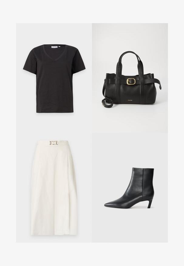 Must musta T-särk V-kaelusega ja lühikeste varrukatega. Lihtne disain, regulaarne istuvus, ilma mustrite ja aktsentideta.; Laiad püksid valgest puuvillast kangast. Omavad kõrget taljet, esiplekki ja metallist vööklambris detaili. Sile tekstuur.; Must värviline nahkne pahkluu saabas terava ninaga ja madala kitse kontsaga heledal taustal.; Must mustraga nahkakott, millel on struktureeritud disain, kaks ülemist kanda, kuldse tooni pandla aktsent ja esiküljel embosseeritud brändi logo.