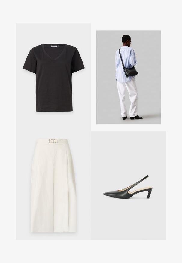 Fekete pamut póló V-nyakkal és rövid ujjakkal. Egyszerű dizájn, normál fazon, minta vagy díszítés nélkül.; Fehér pamut anyagú bőrlábú nadrág. Magas derekú, elülső redővel és fémből készült övcsattal rendelkezik. Zökkenőmentes textúra.; Fekete, hegyes orrú, slingback cipő alacsony sarkával, sima bőrből készült, oldalt kivágott deisgnal a légáteresztőképesség érdekében.; Fekete bőr válltáska puha tapintással, háromszög alakú, állítható pánttal, világoskék csíkos inggel és fehér nadrággal párosítva.