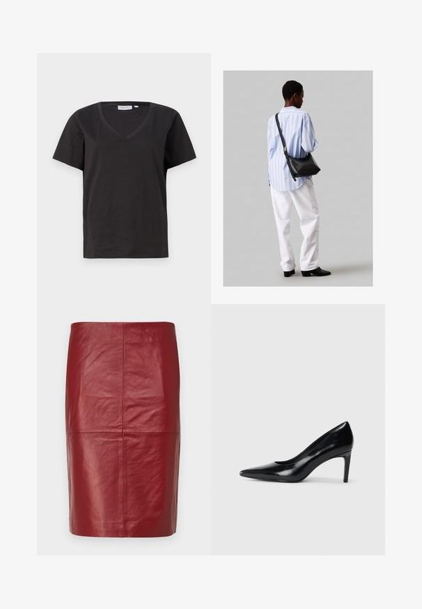 Tricou negru din bumbac cu decolteu în V și mâneci scurte. Design simplu, cu o croială normală și fără modele sau accente.; 2nd Day JAYAN - Fustă din piele - biking red; Pantof de damă din piele neagră, cu toc înalt, vârf ascuțit, textură fină și toc conic. Design minimalist, fără embellishments suplimentare.; Geantă de umăr din piele neagră cu o textură moale, formă triunghiulară și curea ajustabilă, asortată cu o bluză cu dungi albastre deschise și pantaloni albi.