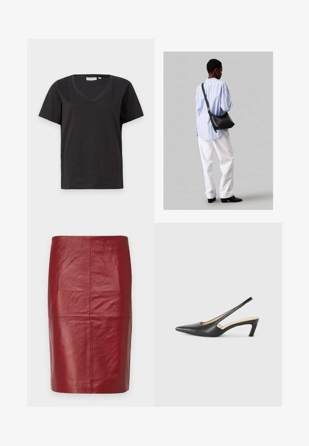 Svart bomull T-skjorte med V-hals og korte ermer. Enkel design med vanlig passform og uten mønstre eller detaljer.; 2nd Day JAYAN - Skinnskjørt - biking red; Svart spiss tå slingback-sko med lav hæl, laget av jevnt skinnmateriale og med utskåret design på siden for pusteevne.; Svart lær skulderveske med en myk tekstur, trekantet form og justerbar stropp, kombinert med en lyseblå stripete skjorte og hvite bukser.